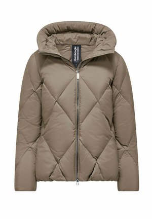 Pufferjack in olijfgroen, met een diamantvormig quiltpatroon, capuchon en een ritssluiting aan de voorkant. Glad textuur met een modern, praktisch ontwerp.