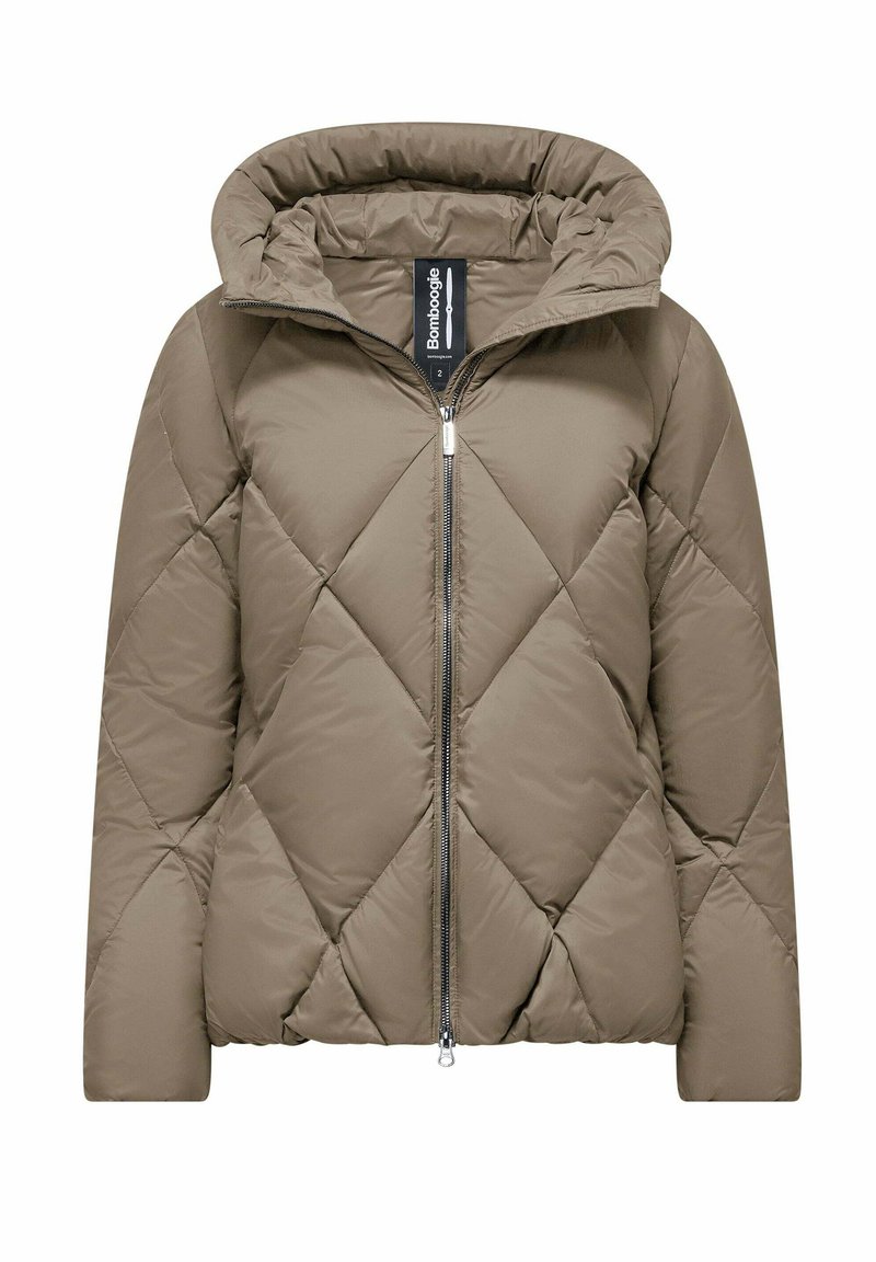 Pufferjack in olijfgroen, met een diamantvormig quiltpatroon, capuchon en een ritssluiting aan de voorkant. Glad textuur met een modern, praktisch ontwerp.