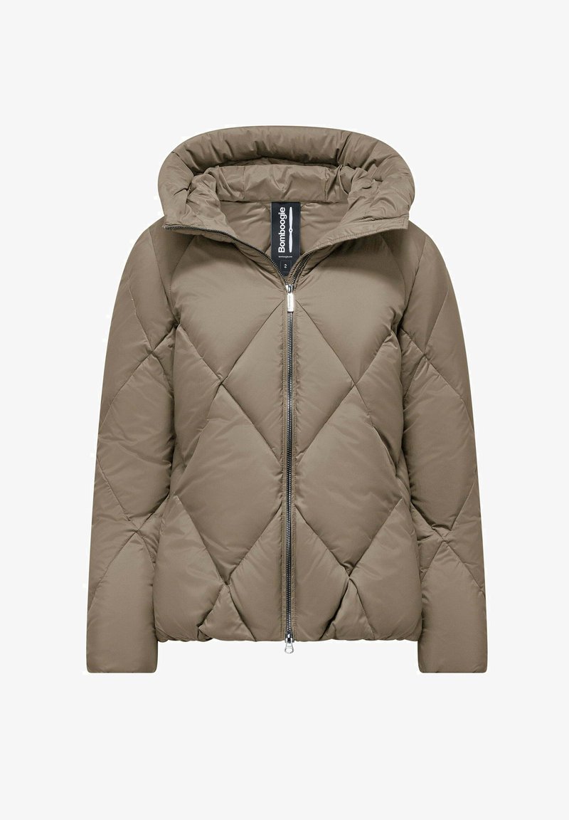 Puffer jacket in olive green, featuring a diamond quilted pattern, hood, and front zipper. Smooth texture with a modern, practical design.