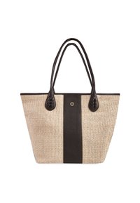 Sac fourre-tout avec une texture naturelle tissée et des accents en cuir noir. Deux poignées robustes et une bande centrale sombre rehaussent son design.