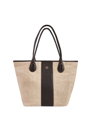 Tote bag with woven natural texture and dark leather accents. Two sturdy handles and a central dark stripe enhance its design.