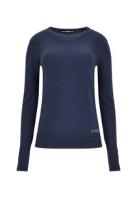 Felpa in maglia blu navy con maniche lunghe, scollatura a girocollo e orlo a coste. Presenta un sottile logo "GUESS" in basso a sinistra. Texture liscia.