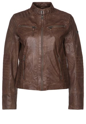 Veste de motard en cuir marron avec poches zippées sur la poitrine et les côtés, détails matelassés sur les manches, et une lanière de col à bouton-pression.