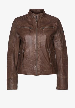 Veste de motard en cuir marron avec poches zippées sur la poitrine et les côtés, détails matelassés sur les manches, et une lanière de col à bouton-pression.