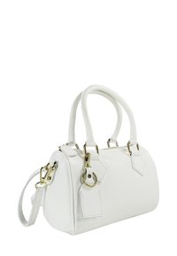 Witte leren handtas met dubbele bovenhandvatten, afneembare band, gouden hardware, accenten in de vorm van diamantvormige labels en een gestructureerde afwerking.