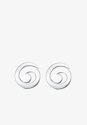 Cercei în formă de spirală din argint, cu un finisaj lustruit, design circular, având linii fluide și o textură netedă, concepuți pentru a se potrivi ca cercei tip stud.