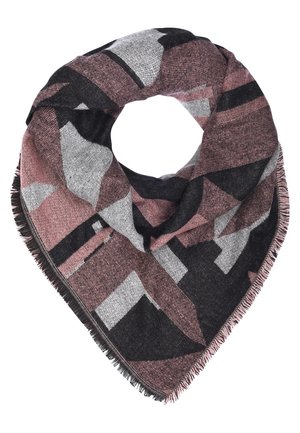 Blødt vævet tørklæde med frynser på kanterne, med et abstrakt geometrisk mønster i sort, grå og dæmpede pink nuancer, foldet i en trekantet form.