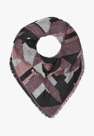 Miękki, tkany szalik z frędzlami na krawędziach, ozdobiony abstrakcyjnym geometrycznym wzorem w odcieniach czerni, szarości i stonowanego różu, złożony w trójkątny kształt.