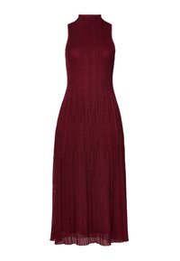 Abito senza maniche color bordeaux con collo alto, caratterizzato da una texture a costine e una silhouette svasata di lunghezza media.