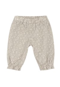 Pantalons en tissu gris clair avec un motif de feuilles et de baies blanches sur l'ensemble. Taille élastique et poignets froncés aux chevilles.