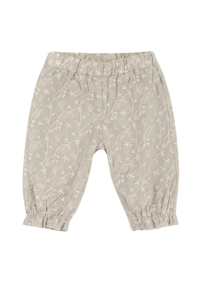 Pantalons en tissu gris clair avec un motif de feuilles et de baies blanches sur l'ensemble. Taille élastique et poignets froncés aux chevilles.