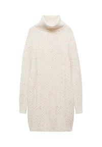 Robe-pull à col roulé en maille torsadée couleur crème avec manches longues et petits flocons marron tachetés dans tout le tissu.