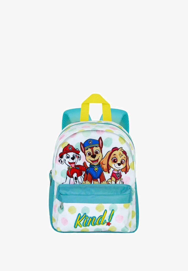 Sac à dos avec un motif à pois multicolores. Comprend des images de trois chiens de dessin animé et le texte "Gentil !" brodé en couleurs vives.