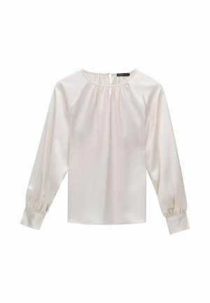 Weiße Satinbluse mit langen Ärmeln, runder Halslinie und Raffung. Mit leicht gepufften Ärmeln und glatter Textur.