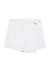 Jupe enveloppante blanche en tissu texturé, dotée d'une fermeture latérale avec un petit accent métallique. Le design est ajusté et minimaliste.