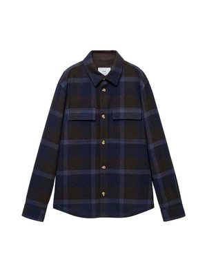 Flannel shirt in dark blue and black plaid pattern, featuring a button-down front, two chest pockets, and a standard collar.
