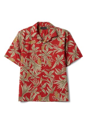 Chemise rouge à manches courtes avec boutons, motif feuilles et fleurs tropicales beige et jaune, col à revers et étiquette de la marque Piombo à l’intérieur du col.