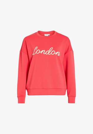 Korallrosa langærmet sweatshirt med hvid kursiv "London" tekst tværs over brystet, rund halsudskæring og ribstrikkede kanter ved ærmer og kant.