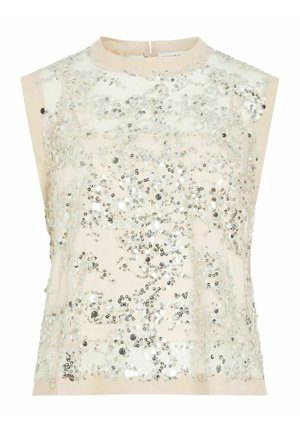Haut beige sans manches en tissu transparent avec des sequins argentés couvrant densément le devant dans un motif abstrait.