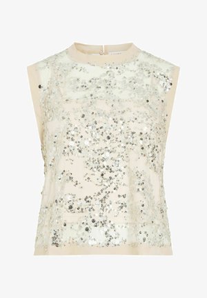 Top bez rukava boje bež, prozirnog tkanja i srebrnih šljokica koje gusto prekrivaju prednji dio u apstraktnom uzorku.