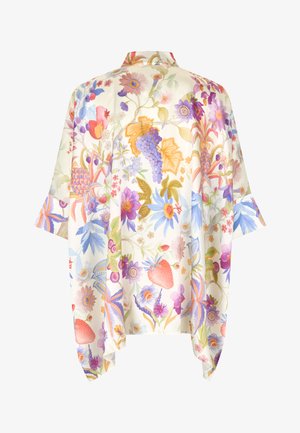 Floral kimono featuring a light cream fabric, with intricate multicolored patterns of flowers, grapes, and strawberries; loose fit, wide sleeves.