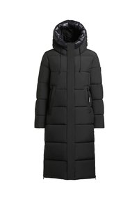 Manteau coupe-vent noir avec un design long, capuche avec un intérieur brillant, cordons élastiques et poches latérales. Texture épaisse matelassée.