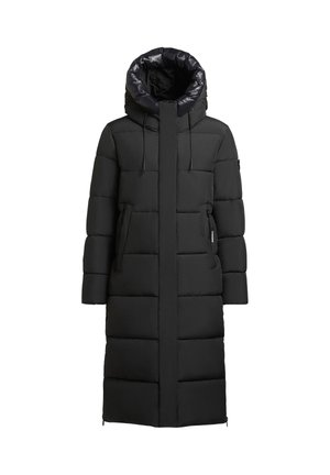 Schwarze Steppjacke mit langem Design, Kapuze mit glänzender Innenseite, elastischen Kordeln und seitlichen Taschen. Dicke, gesteppt Textur.