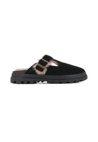 Mules en suède noir à enfiler avec un accent en rose fuzzy et des détails en métal doré, dotés d'une semelle en caoutchouc noir texturé avec des rainures.