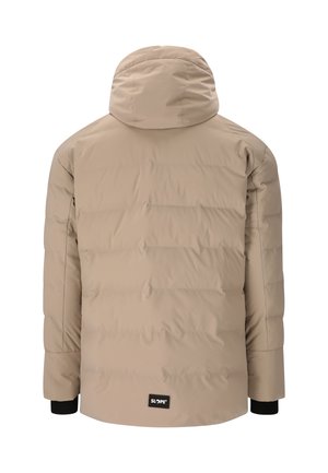Beige Daunenjacke mit Kapuze, die ein gestepptes Design und schwarze Bündchen aufweist. Das Markenlogo "SLOPE" ist auf der unteren Rückseite sichtbar.