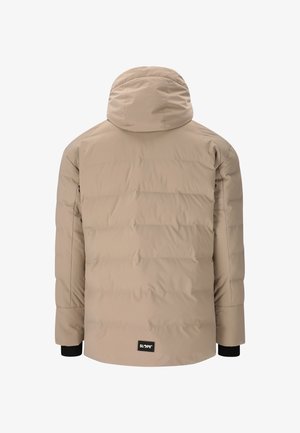 Beige Daunenjacke mit Kapuze, die ein gestepptes Design und schwarze Bündchen aufweist. Das Markenlogo "SLOPE" ist auf der unteren Rückseite sichtbar.