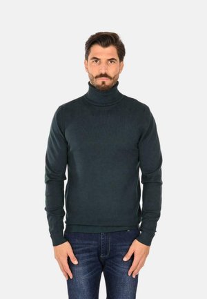 Maglione a collo alto verde scuro in tessuto a coste, design aderente con maniche lunghe, abbinato a jeans di denim.