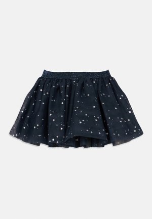 Jupe en tulle bleu marine avec des motifs d'étoiles argentées et une ceinture élastique scintillante, conçue pour les enfants.