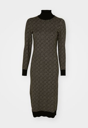Zwart en gouden coljurk met een geometrisch patroon, lange mouwen, een getailleerde pasvorm en geribde boorden en zoom.