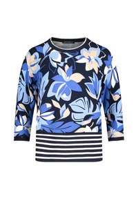 Pull pour femme bleu marine avec grand imprimé floral bleu clair et beige, ourlet et poignets à rayures horizontales blanches et bleu marine.