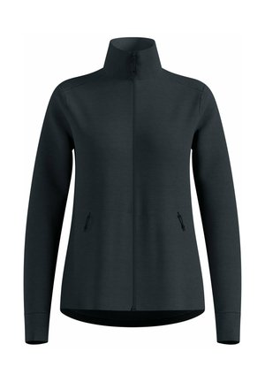 Giacca a maniche lunghe grigio scuro con colletto alto, zip frontale e due tasche laterali con zip, esposta su uno sfondo bianco.