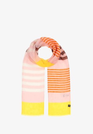 Lightweight scarf showcasing horizontal stripes in pink, orange, and yellow, with a soft texture and fringed edges. Black logo tag included.