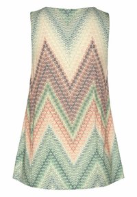 Sleeveless top featuring a chevron pattern in peach, green, and brown tones. Made of lightweight fabric with a soft texture and relaxed fit.