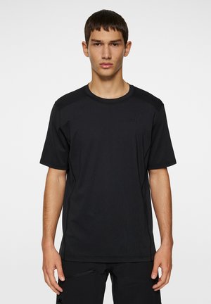 Black short-sleeve athletic t-shirt made from lightweight material, featuring a crew neck and subtle embossed logo on upper left.