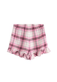 Rosa och vit rutiga shorts med elastiskt midjeband och volangslut, designade för avslappnad användning eller som sovkläder.