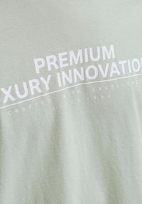Mėtų žalios medvilnės marškinėliai su baltais užrašais: "PREMIUM LUXURY INNOVATION" ir "CRAFTED WITH EXCELLENCE SINCE 1990", paprastas dizainas.