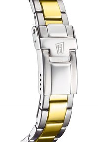 Armband aus Edelstahl in Silber- und Goldeffekten mit polierten und gebürsteten Elementen, ausgestattet mit einem sicheren Klappverschluss.