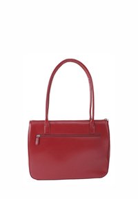 Rode lederen tote bag met twee handvatten, een rits bovenkant en een voorkantvak. Gladde textuur en gestructureerde rechthoekige vorm.