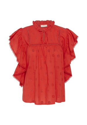 Rote Bluse mit Ösen, gerafftem Kragen, Schleifenbindung vorne, flatternden Ärmeln und floraler Cutout-Stickerei auf leichtem Stoff.