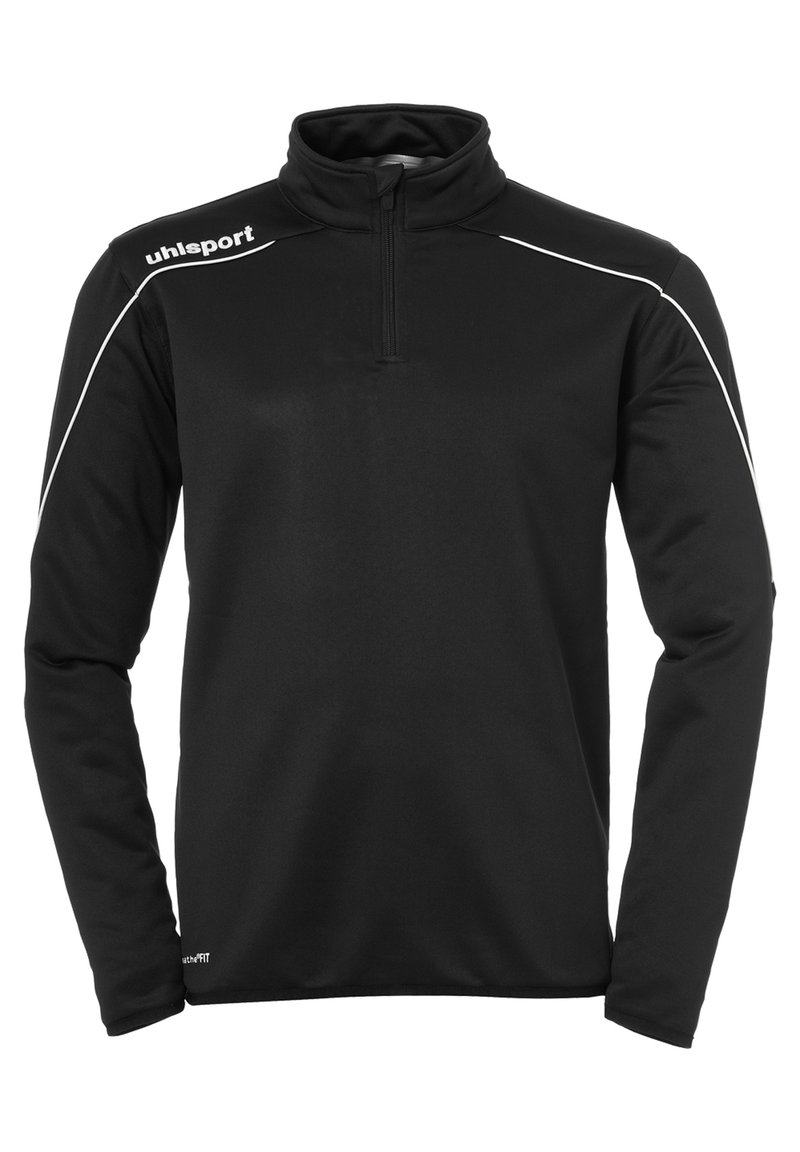Zwarte longsleeve pullover van zachte stof, met een halve rits aan de voorkant, hoge kraag en witte accentlijnen op de schouders.