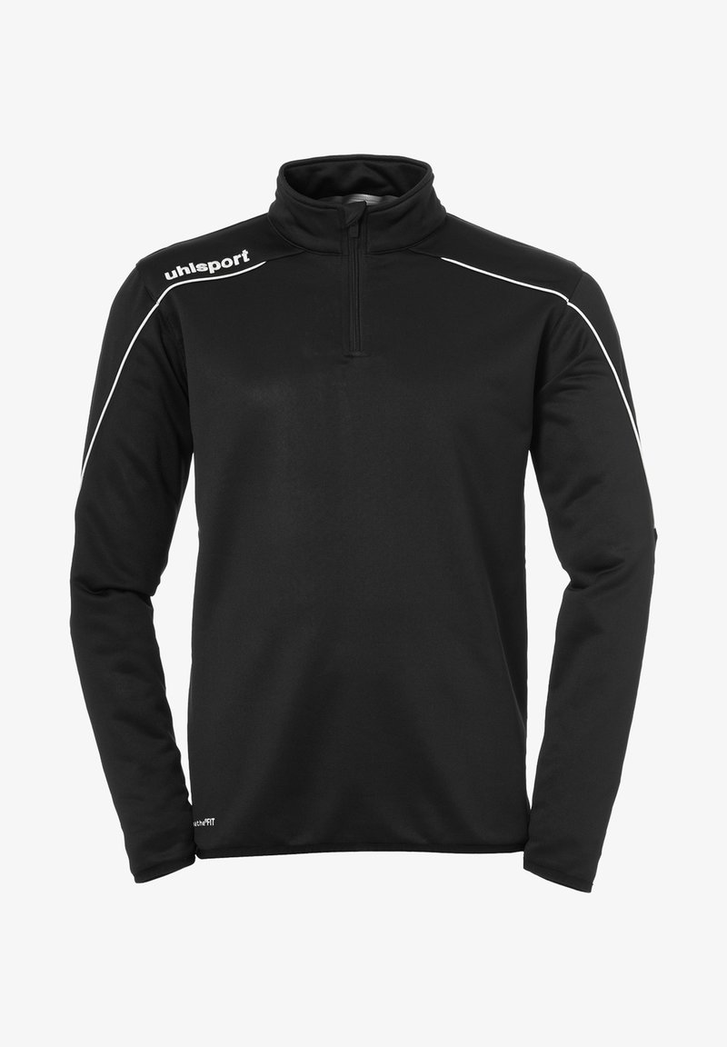 Schwarzer Pullover mit langen Ärmeln aus weichem Stoff, mit einem halbseitigen Reißverschluss an der Vorderseite, Stehkragen und weißen Akzentlinien auf den Schultern.