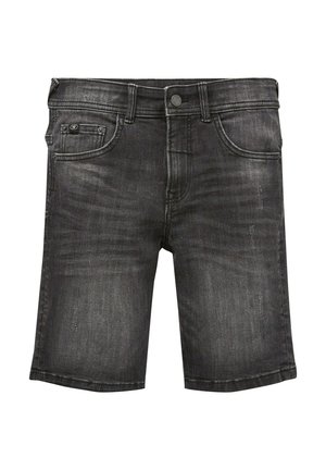 Short en jean noir avec bouton sur le devant, passants de ceinture et design cinq poches sur fond blanc.