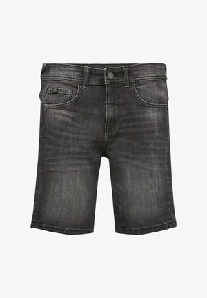 Sorte denimbukser med knap foran, bæltestropper og fem-lomme-design på hvid baggrund.