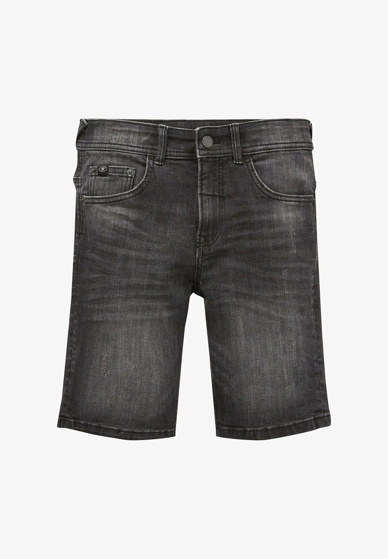 Short en jean noir avec bouton sur le devant, passants de ceinture et design cinq poches sur fond blanc.