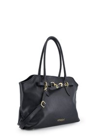 Schwarze Handtasche aus strukturiertem Leder mit doppelten Griffen, verstellbarem Schultergurt, goldfarbenen Metallakzenten und "VENEZIA"-Logo auf der Vorderseite.