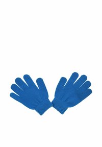 Gants en tricot bleu avec un design à cinq doigts, des poignets côtelés, une texture douce et une couleur uniforme. Adaptés pour un usage léger par temps frais.